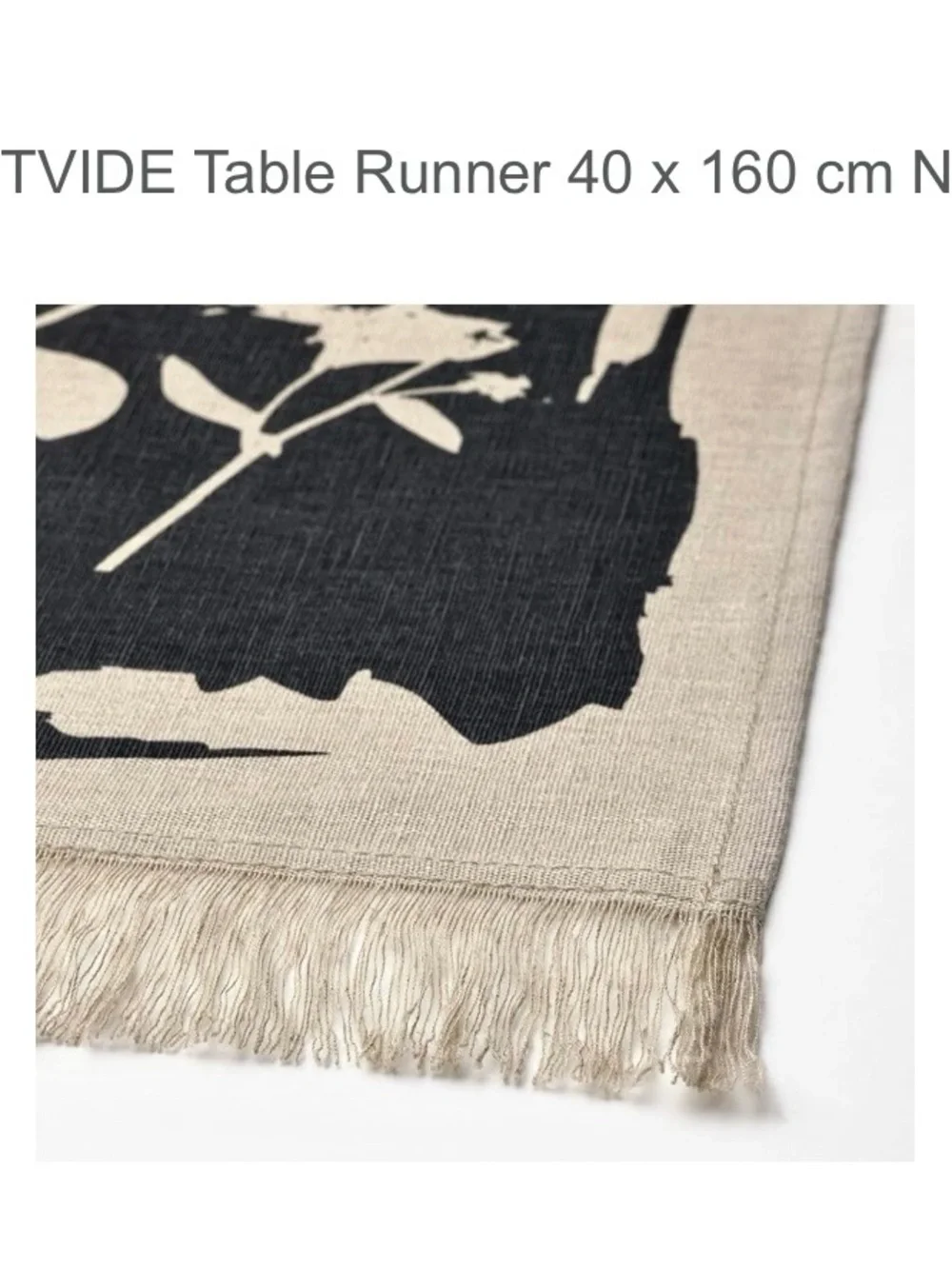 NWT IKEA SVARTVIDE Natural and Dark Grey Floral Table Runner with Fringe